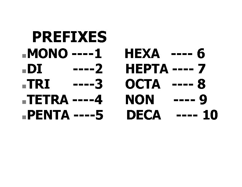 PREFIXES MONO ----1 n DI ----2 n TRI ----3 n TETRA ----4 n PENTA