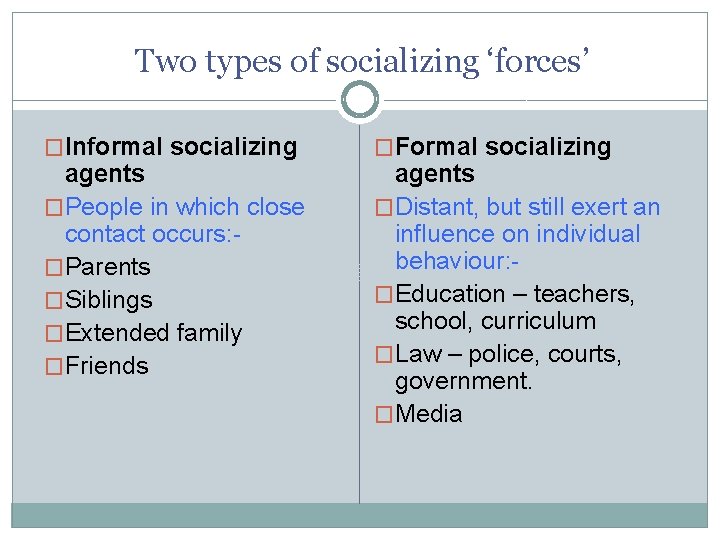 Two types of socializing ‘forces’ �Informal socializing agents �People in which close contact occurs: