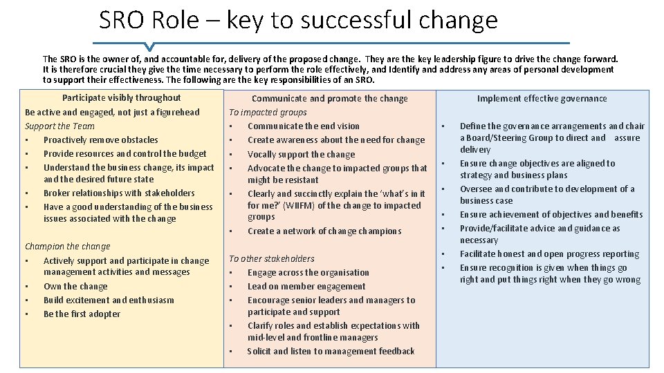 SRO Role – key to successful change The SRO is the owner of, and