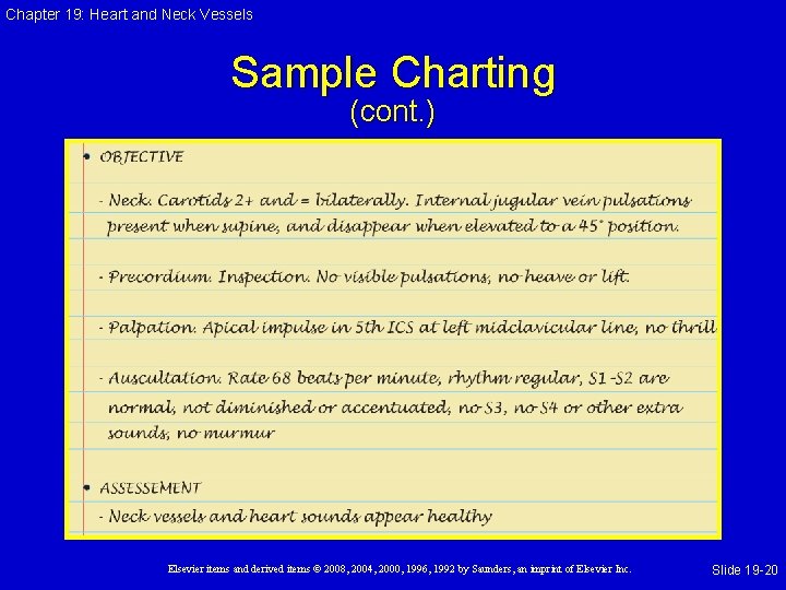 Chapter 19: Heart and Neck Vessels Sample Charting (cont. ) Elsevier items and derived