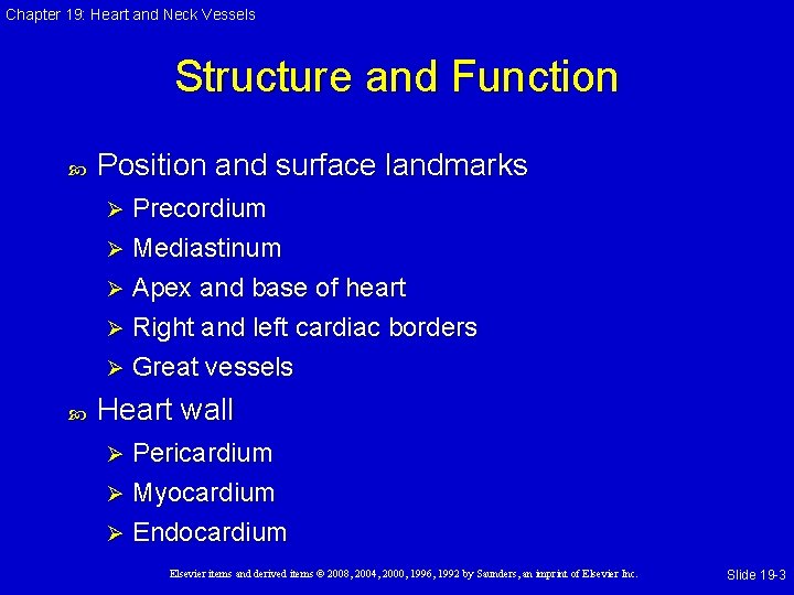 Chapter 19: Heart and Neck Vessels Structure and Function Position and surface landmarks Precordium