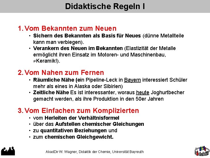 Didaktische Regeln I 1. Vom Bekannten zum Neuen • Sichern des Bekannten als Basis