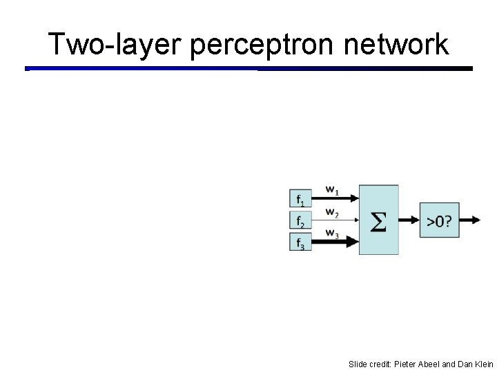 Two-layer perceptron network Slide credit: Pieter Abeel and Dan Klein Two-layer perceptron network Slide credit: Pieter Abeel and Dan Klein