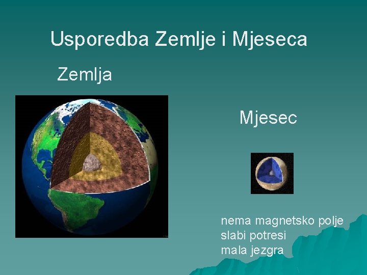 Usporedba Zemlje i Mjeseca Zemlja Mjesec nema magnetsko polje slabi potresi mala jezgra 