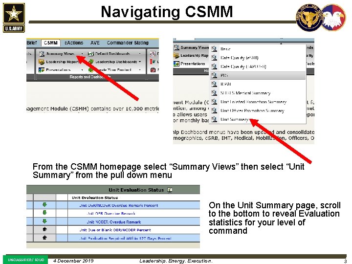 Navigating CSMM From the CSMM homepage select “Summary Views” then select “Unit Summary” from