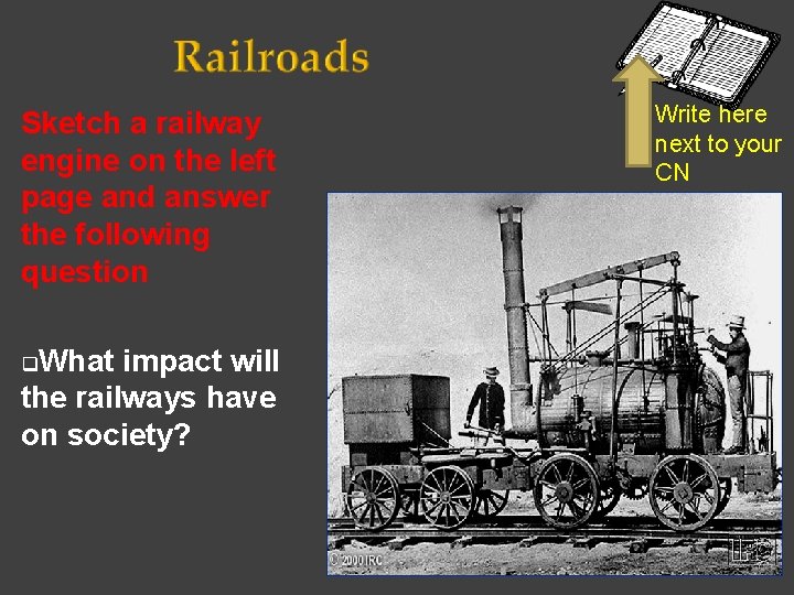 Sketch a railway engine on the left page and answer the following question q.