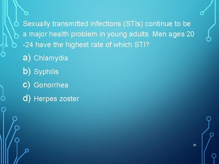 Sexually transmitted infections (STIs) continue to be a major health problem in young adults.