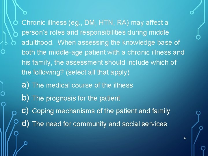 Chronic illness (eg. , DM, HTN, RA) may affect a person’s roles and responsibilities