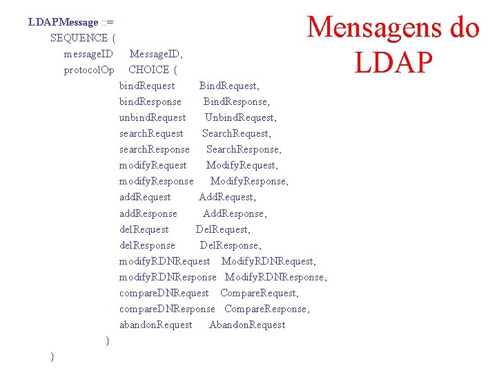 LDAPMessage : : = SEQUENCE { message. ID protocol. Op } } Mensagens do LDAPMessage : : = SEQUENCE { message. ID protocol. Op } } Mensagens do