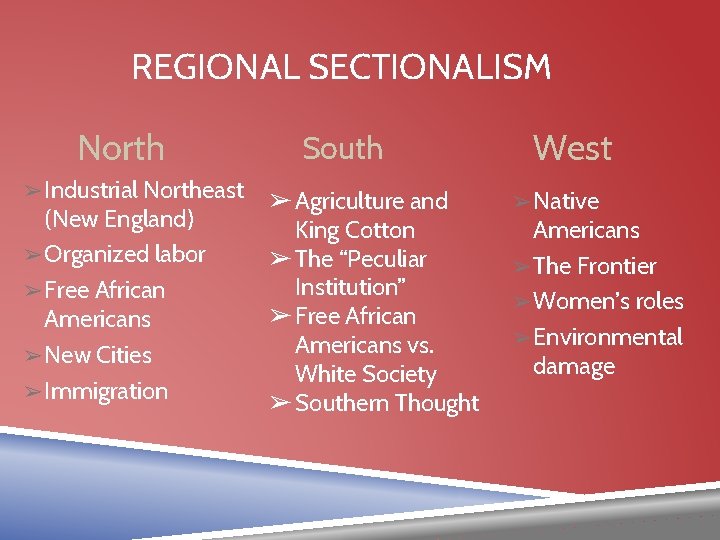 REGIONAL SECTIONALISM North ➢ Industrial Northeast (New England) ➢ Organized labor ➢ Free African
