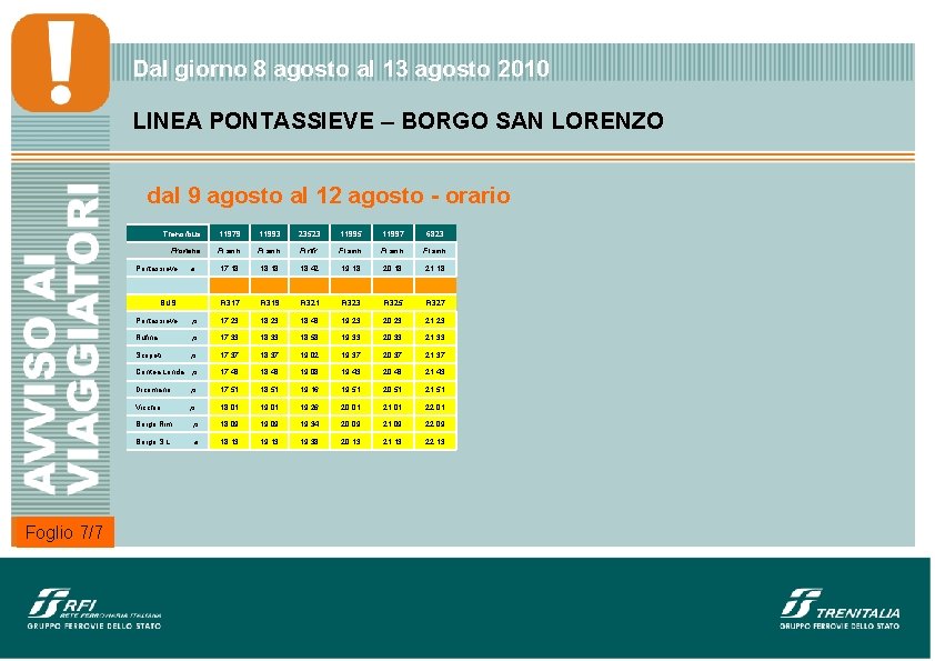 Dal giorno 8 agosto al 13 agosto 2010 LINEA PONTASSIEVE – BORGO SAN LORENZO