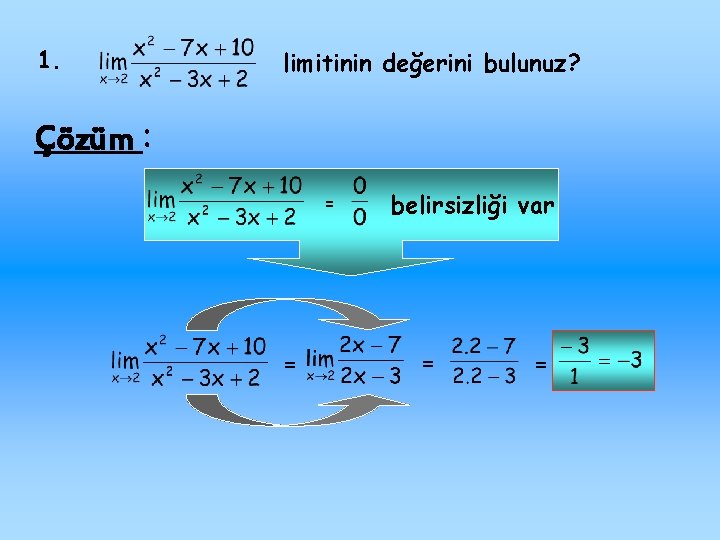1. limitinin değerini bulunuz? Çözüm : = = belirsizliği var = = 