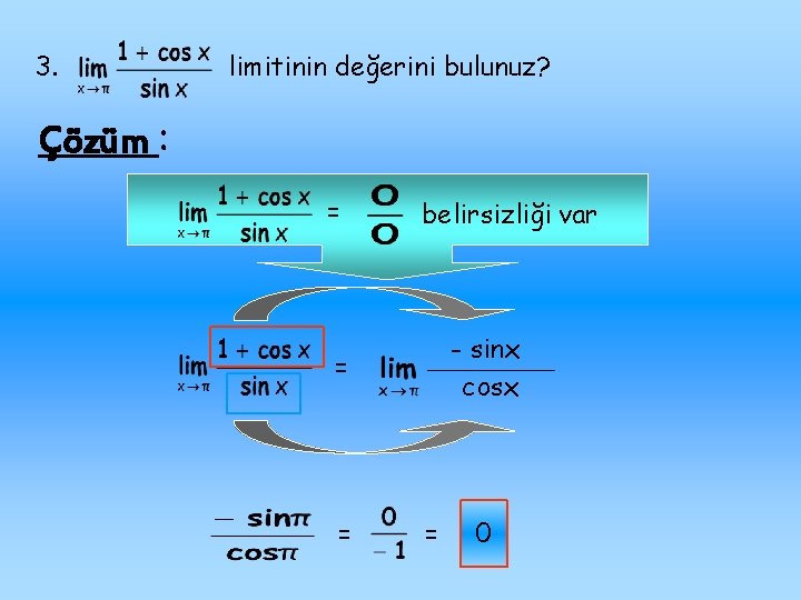 3. limitinin değerini bulunuz? Çözüm : = belirsizliği var - sinx cosx = =
