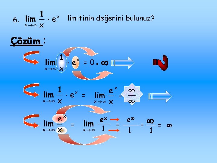 6. limitinin değerini bulunuz? Çözüm : = 0 = = = ex 1 e