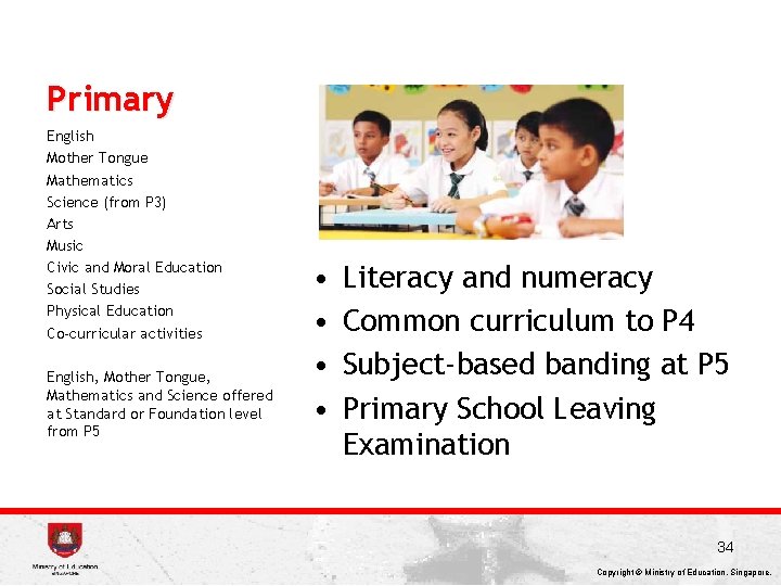 Primary English Mother Tongue Mathematics Science (from P 3) Arts Music Civic and Moral