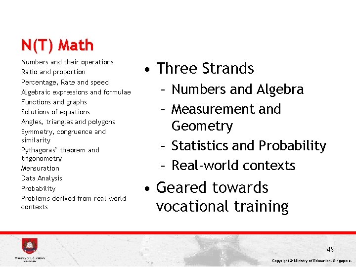 N(T) Math Numbers and their operations Ratio and proportion Percentage, Rate and speed Algebraic