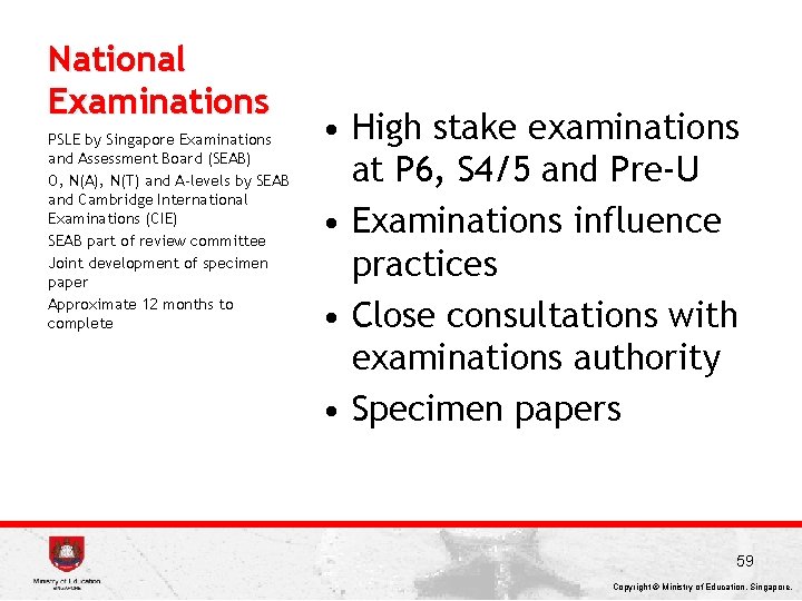 National Examinations PSLE by Singapore Examinations and Assessment Board (SEAB) O, N(A), N(T) and