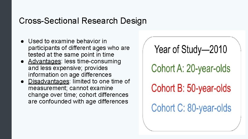 Cross-Sectional Research Design ● Used to examine behavior in participants of different ages who