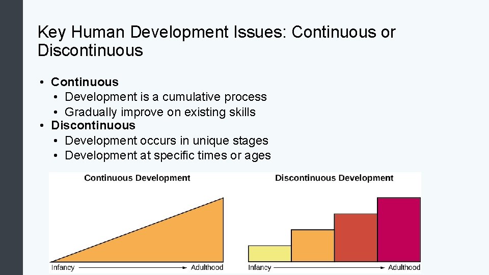 Key Human Development Issues: Continuous or Discontinuous • Continuous • Development is a cumulative