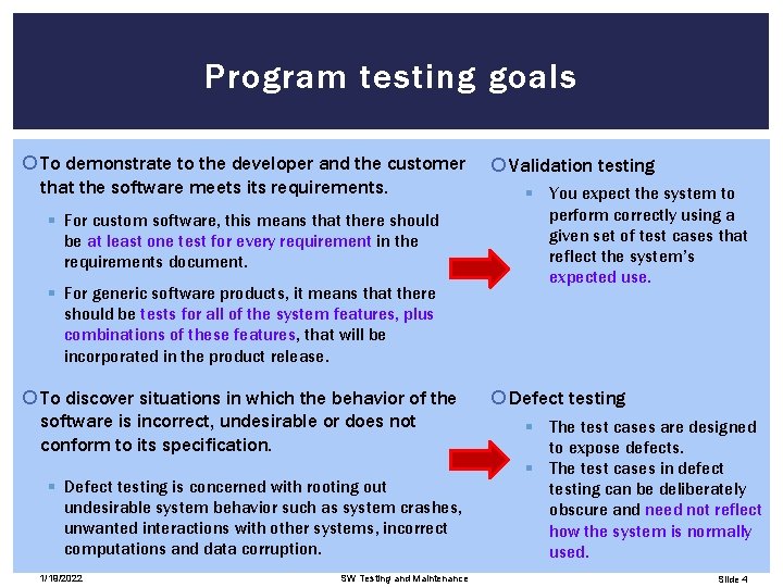 Program testing goals To demonstrate to the developer and the customer that the software
