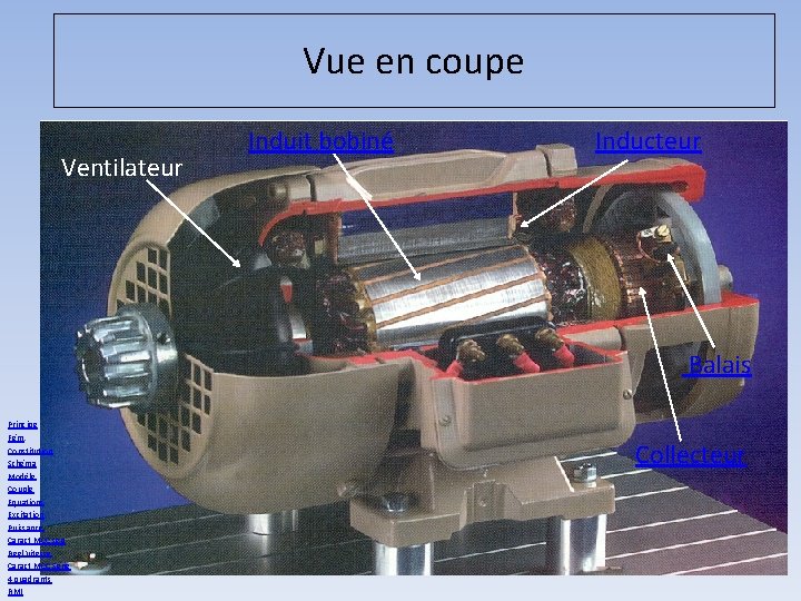 Vue en coupe Ventilateur Induit bobiné Inducteur Balais Principe Fém. Constitution Schéma Modèle Couple
