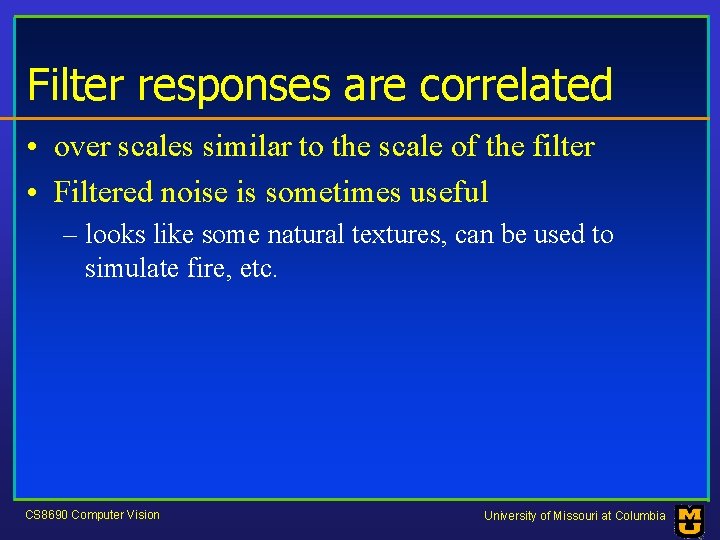 Filter responses are correlated • over scales similar to the scale of the filter