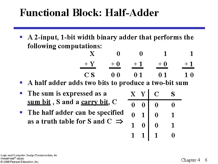 Functional Block: Half-Adder § A 2 -input, 1 -bit width binary adder that performs