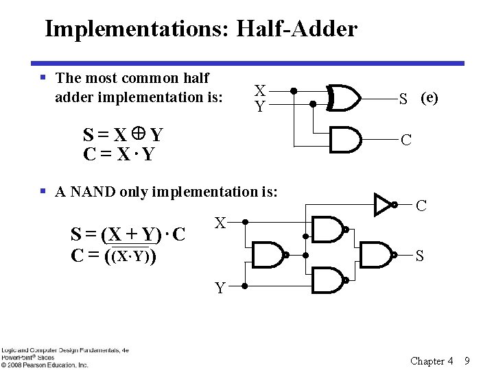 Implementations: Half-Adder § The most common half adder implementation is: X Y S =