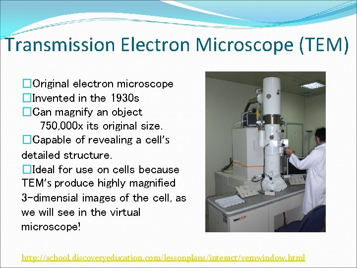 Transmission Electron Microscope (TEM) �Original electron microscope �Invented in the 1930 s �Can magnify