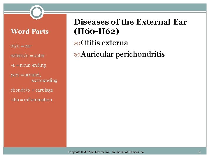 Word Parts ot/o = ear extern/o = outer Diseases of the External Ear (H