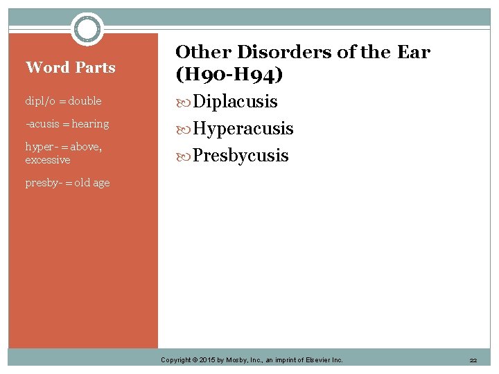 Word Parts dipl/o = double -acusis = hearing hyper- = above, excessive Other Disorders