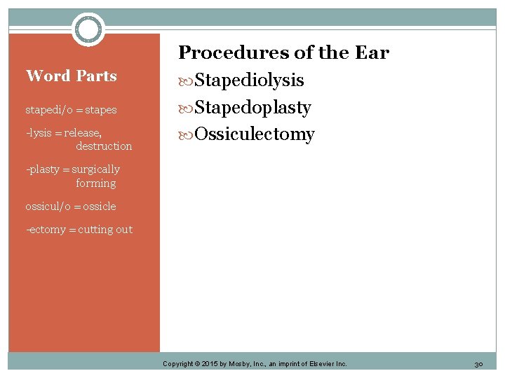 Word Parts stapedi/o = stapes -lysis = release, destruction Procedures of the Ear Stapediolysis