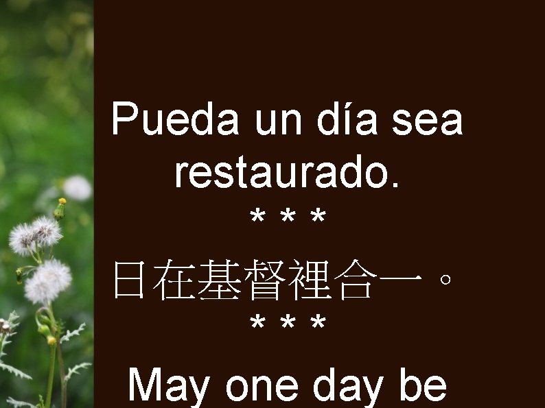 Pueda un día sea restaurado. *** 日在基督裡合一。 *** May one day be 