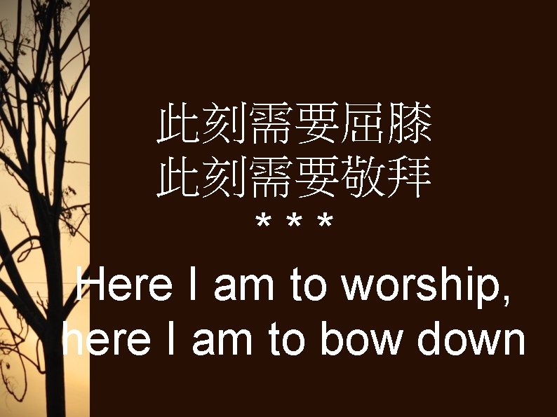 此刻需要屈膝 此刻需要敬拜 *** Here I am to worship, here I am to bow down