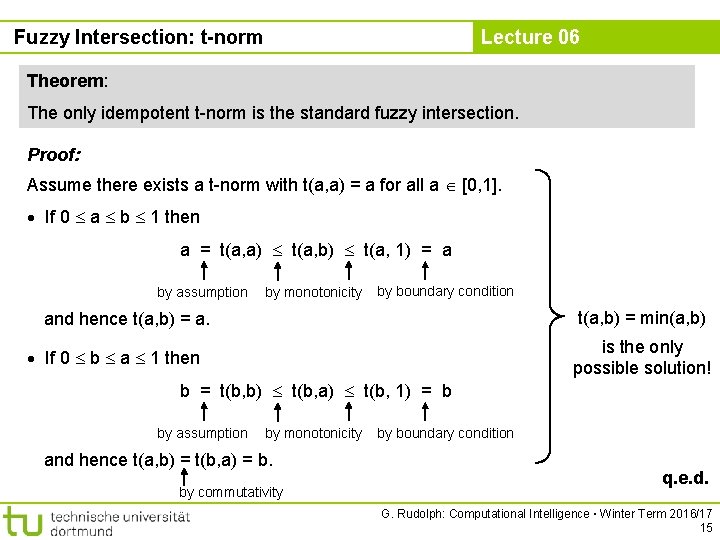 Fuzzy Intersection: t-norm Lecture 06 Theorem: The only idempotent t-norm is the standard fuzzy