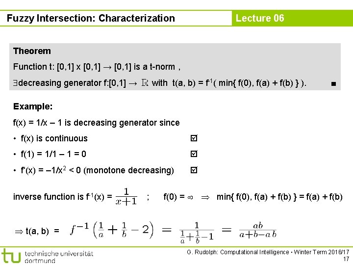 Fuzzy Intersection: Characterization Lecture 06 Theorem Function t: [0, 1] x [0, 1] →
