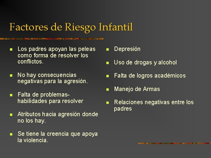 Factores de Riesgo Infantil n n n Los padres apoyan las peleas como forma