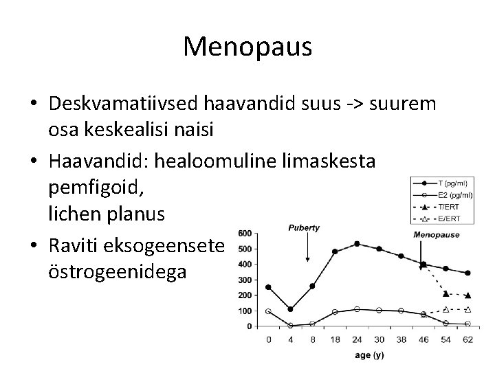 Menopaus • Deskvamatiivsed haavandid suus -> suurem osa keskealisi naisi • Haavandid: healoomuline limaskesta