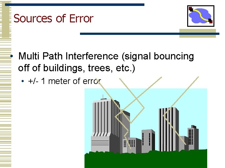 Sources of Error • Multi Path Interference (signal bouncing off of buildings, trees, etc.