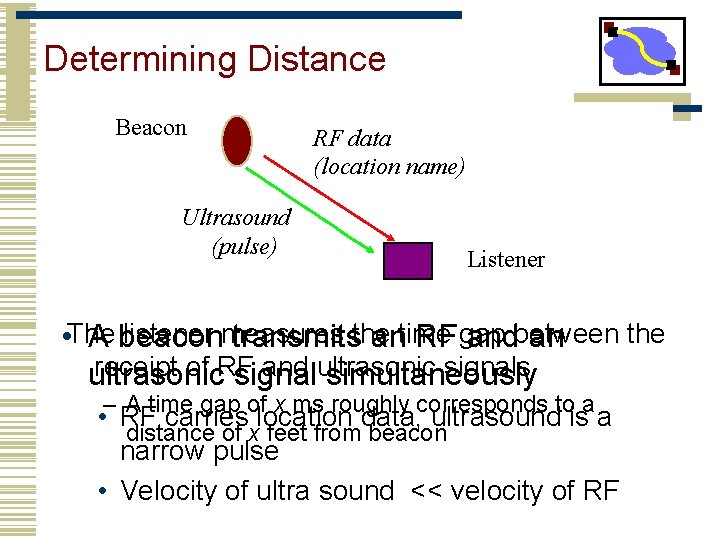 Determining Distance Beacon Ultrasound (pulse) RF data (location name) Listener listener measures the •