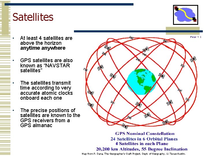 Satellites • At least 4 satellites are above the horizon anytime anywhere • GPS