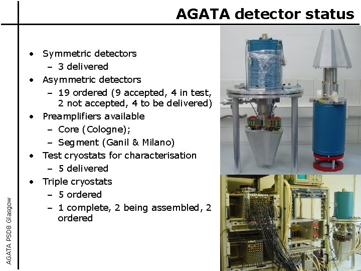 AGATA PSD 8 Glasgow AGATA detector status • Symmetric detectors – 3 delivered •