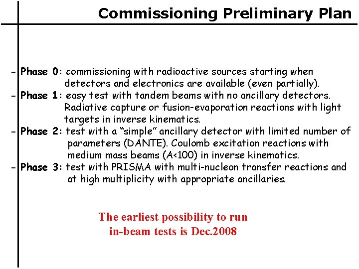 Commissioning Preliminary Plan - Phase 0: commissioning with radioactive sources starting when detectors and