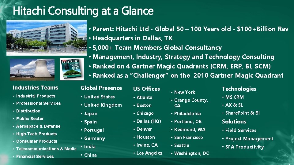  • Parent: Hitachi Ltd - Global 50 – 100 Years old - $100+Billion