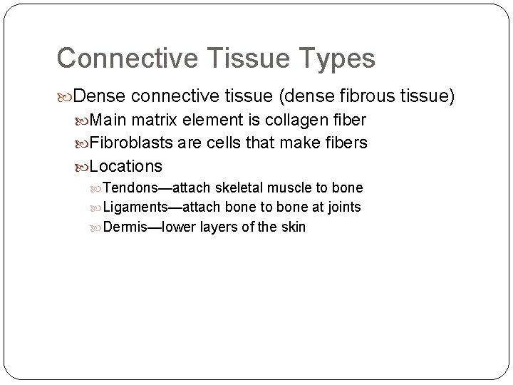 Connective Tissue Types Dense connective tissue (dense fibrous tissue) Main matrix element is collagen