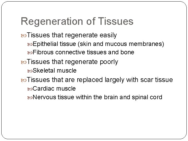 Regeneration of Tissues that regenerate easily Epithelial tissue (skin and mucous membranes) Fibrous connective