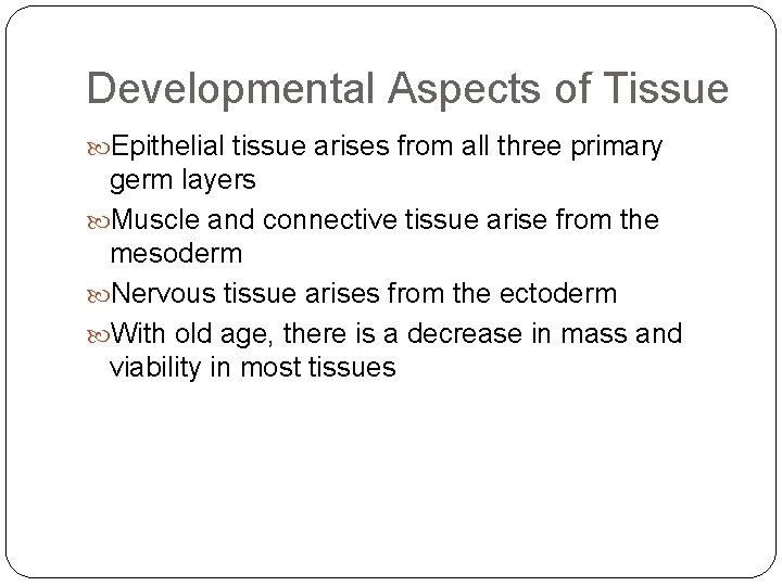 Developmental Aspects of Tissue Epithelial tissue arises from all three primary germ layers Muscle