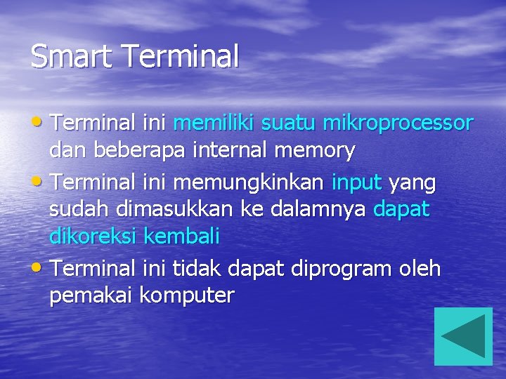 Smart Terminal • Terminal ini memiliki suatu mikroprocessor dan beberapa internal memory • Terminal