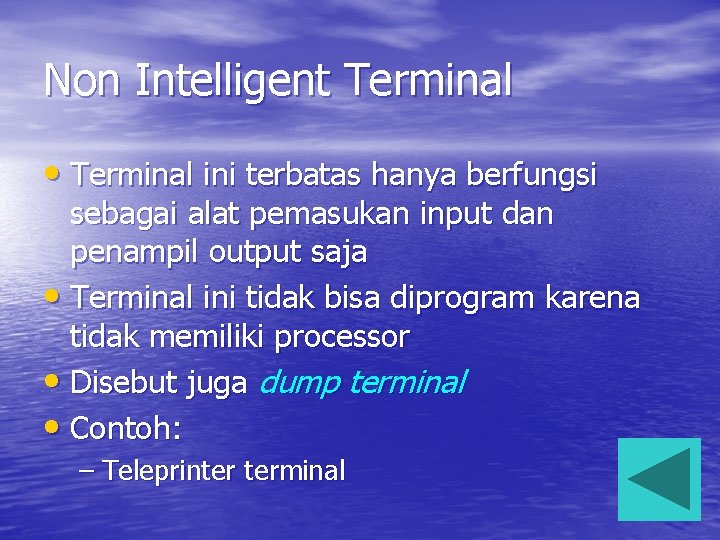 Non Intelligent Terminal • Terminal ini terbatas hanya berfungsi sebagai alat pemasukan input dan