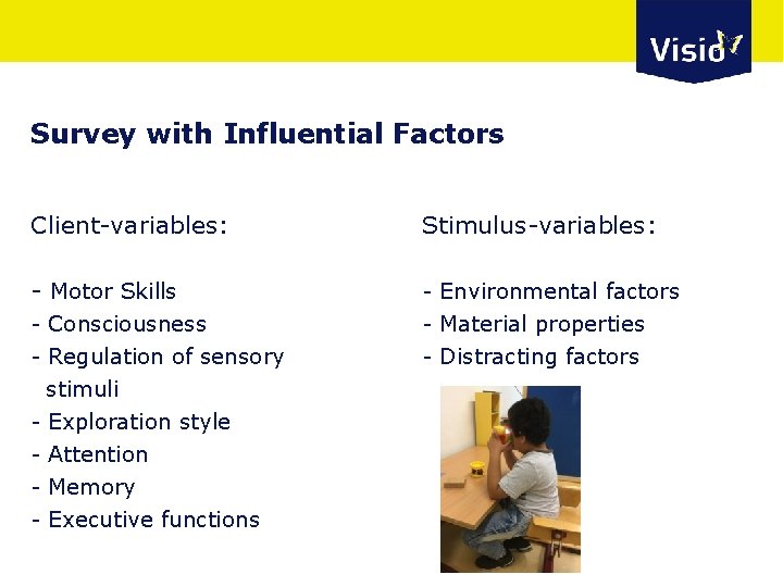 Survey with Influential Factors Client-variables: Stimulus-variables: - Motor Skills - Environmental factors - Material